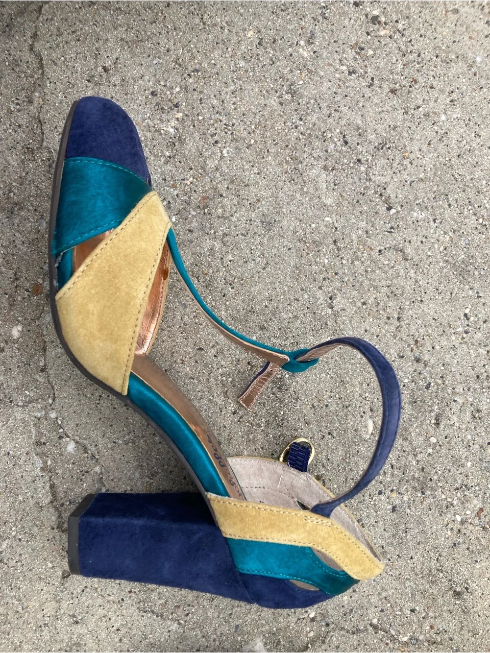 Seychelles Teal, Navy & Mustard Suede T-Strap Heels